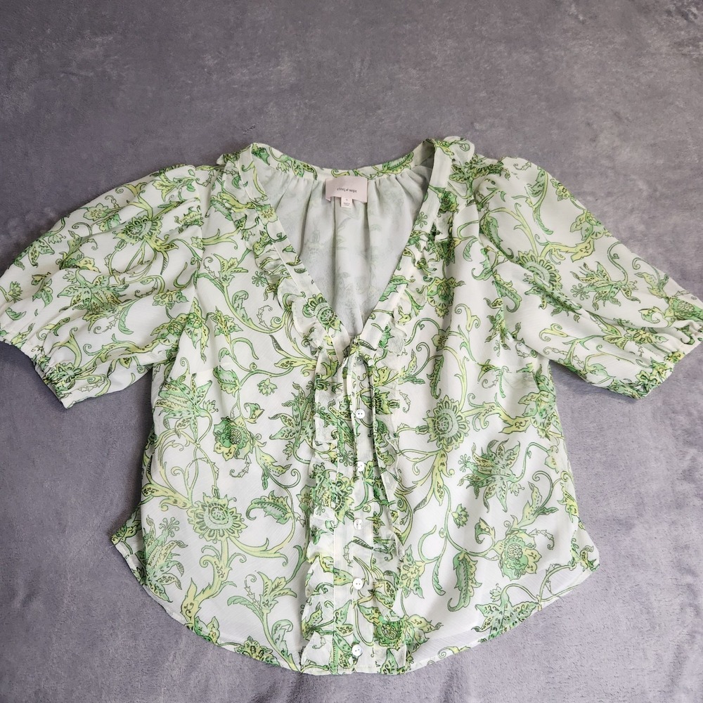 Cinq a Sept Seraphina Ivy Paisley Puff Sleeve Ruffle Blouse Green S Revolve Top